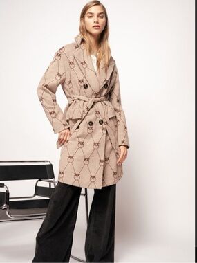 NWT $800 Pinko Belted Patterned Wool-Blend Coat in Beige